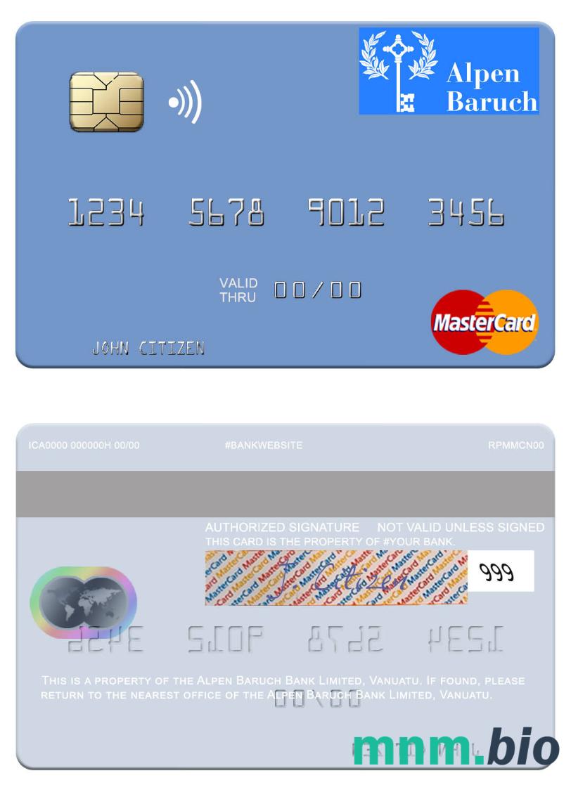 Vanuatu Alpen Baruch Bank Limited przykład karty mastercard w formacie PSD
